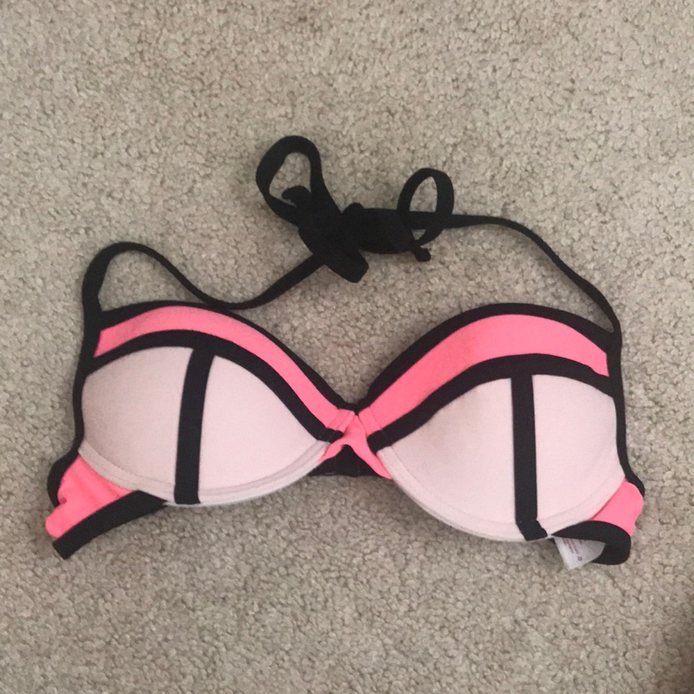 neon pink color block swim top